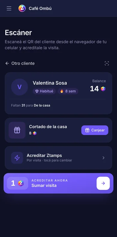 Escáner de Ztampy en el celular del cajero: el saldo del cliente y los premios que puede canjear
