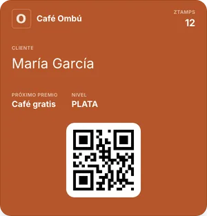 Pase de Café Ombú en Apple Wallet, con el saldo de Ztamps, el próximo premio y el QR