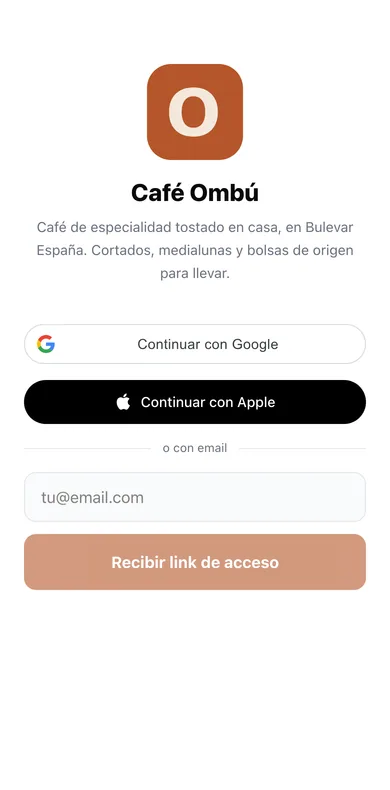 Pantalla para sumarse a Café Ombú: continuar con Google, con Apple o con un link por email