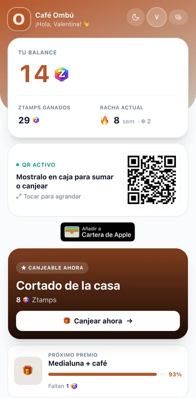 Tarjeta de Café Ombú en el celular del cliente: saldo de 14 Ztamps, QR para mostrar en caja y próximo premio